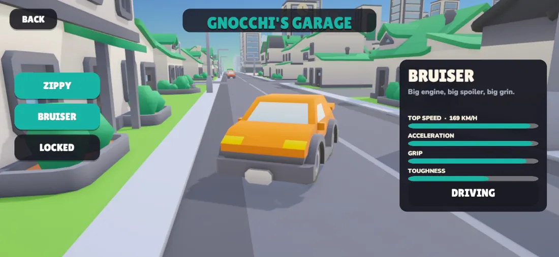 Granny Gnocchi's garage with the orange Bruiser